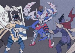 Rule 34 | 3boys, avendread savior, bone, comic hand, duel monster, feet out of frame, full body, hands up, highres, knee pads, male focus, marvel, meme, motor vehicle, multiple boys, parody, pointing, pointing at another, pointing spider-man (meme), purple eyes, red eyes, revendread executor, revendread slayer, scarf, skull, spider-man (series), spiked arm, style parody, time paradox, vambraces, van, yu-gi-oh!