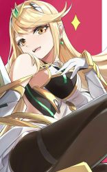 Rule 34 | 1girl, blonde hair, breasts, brown eyes, cleavage, earrings, gloves, grin, highres, jewelry, legs, long hair, looking at viewer, mythra (massive melee) (xenoblade), mythra (xenoblade), nintendo, open mouth, pantyhose, sitting, smile, super smash bros., tiara, xenoblade chronicles (series), xenoblade chronicles 2
