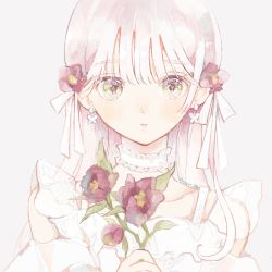 Rule 34 | 1girl, butterfly earrings, choker, clothing cutout, dress, earrings, flower, frilled choker, frills, gradient eyes, green eyes, grey eyes, hair flower, hair ornament, hau (hausan97), holding, holding flower, jewelry, looking at viewer, multicolored eyes, original, pale color, plant, portrait, purple flower, shoulder cutout, signature, simple background, solo, sparkling eyes, white background, white choker, white dress, white hair, white theme
