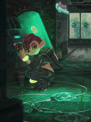 Rule 34 | 1boy, agent 8 (splatoon), backpack, bag, black footwear, black jacket, black pants, closed mouth, closed umbrella, copyright name, crop top, cropped jacket, expressionless, full body, glowing, hands up, highres, holding, holding umbrella, indoors, jacket, looking at viewer, male focus, midriff, minato (minat0), neon lights, nintendo, octoling, octoling boy, octoling player character, pants, pink hair, pointy ears, shoes, short hair, splatoon (series), splatoon 2, splatoon 2: octo expansion, squatting, squidbeak splatoon, stomach, suction cups, tagme, tentacle hair, tsurime, tube, umbrella, yellow eyes