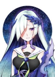 Rule 34 | 1girl, aqua hair, asymmetrical bangs, blackbamboo, breasts, brynhildr (fate), closed mouth, collarbone, expressionless, eyelashes, fate/grand order, fate/prototype, fate/prototype: fragments of blue and silver, fate (series), hair over one eye, headgear, long hair, looking at viewer, medium breasts, multicolored hair, one eye covered, purple eyes, sailor collar, shadow, sleeveless, solo, two-tone hair, upper body, white background