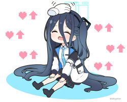 Rule 34 | 1girl, :d, ^ ^, aris (blue archive), arrow (symbol), black hair, black hairband, black skirt, black socks, blue archive, blue necktie, blush, chibi, closed eyes, collared shirt, colored shadow, commentary request, disembodied limb, duplicate, full body, hair between eyes, hairband, halo, headpat, heart, jacket, long hair, long sleeves, mitya, necktie, no shoes, one side up, open clothes, open jacket, open mouth, pixelated, pleated skirt, puffy long sleeves, puffy sleeves, round teeth, shadow, shirt, simple background, sitting, skirt, sleeves past wrists, smile, socks, solo focus, teeth, twitter username, upper teeth only, very long hair, white background, white jacket, white shirt