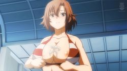 Rule 34 | 10s, 1girl, after paizuri, aftersex, animated, animated gif, bare shoulders, bikini, bikini top lift, blush, bouncing breasts, breasts, brown eyes, brown hair, clothes lift, collarbone, cum, cum on body, cum on breasts, cum on upper body, female focus, large breasts, lifted by self, looking at viewer, nipples, pink pineapple, shigokare ~ecchi na joshi daisei to doki x2 love lesson!!~, short hair, solo, striped bikini, striped clothes, swimsuit, takigawa shiori, teeth, undressing, upper body, upper teeth only