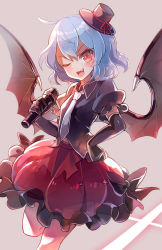 Rule 34 | 1girl, 60mai, ;d, alternate costume, bat wings, black gloves, black shirt, black wings, blue hair, bubble skirt, collared shirt, commentary, elbow gloves, fang, gloves, hand on own hip, hat, hat ribbon, holding, holding microphone, looking at viewer, microphone, mini hat, necktie, one eye closed, open mouth, puffy short sleeves, puffy sleeves, red eyes, red ribbon, red skirt, remilia scarlet, revision, ribbon, shirt, short sleeves, silent sinner in blue, simple background, skirt, smile, solo, standing, standing on one leg, top hat, touhou, touhou bougetsushou, white necktie, wing collar, wings