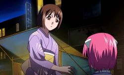 Rule 34 | 2girls, animated, animated gif, blood, brown eyes, brown hair, decapitation, elfen lied, guro, japanese clothes, lowres, monster girl, multiple girls, murder, pink hair