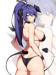 Rule 34 | 1girl, absurdres, alternate hairstyle, arknights, ass, bikini, black bikini, blue eyes, blue hair, breasts, butt crack, commentary, cowboy shot, hair between eyes, hanenosaki, highres, horns, large breasts, long hair, looking at viewer, mostima (arknights), ponytail, smile, solo, standing, swimsuit, tail, white background, wristband, zoom layer