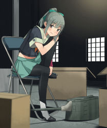 Rule 34 | 1girl, annin musou, bad id, bad twitter id, black gloves, black serafuku, blurry, bow, box, brown eyes, chair, commentary request, depth of field, gloves, green bow, green hair, green skirt, hair bow, highres, kantai collection, machinery, midriff peek, pantyhose, pleated skirt, ponytail, school uniform, serafuku, short hair, short sleeves, sitting, skirt, smile, solo, turret, yuubari (kancolle)