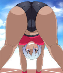 Rule 34 | 1girl, all fours, ass, bent over, blush, cameltoe, cleft of venus, clenched teeth, cloud, dark skin, dark-skinned female, day, embarrassed, from behind, gradient hair, grin, highres, looking at viewer, looking back, multicolored hair, nakamura yukitoshi, original, purple eyes, short hair, short shorts, shorts, silver hair, sketch, sky, smile, solo, sports bikini, teeth, track suit, wristband
