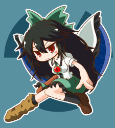 Rule 34 | 1girl, arm cannon, asymmetrical footwear, bird wings, black hair, black socks, black wings, blue background, blush, bow, breasts, cape, center frills, closed mouth, collared shirt, commentary request, control rod, frilled shirt collar, frilled skirt, frills, full body, green bow, green skirt, hair between eyes, hair bow, kajiya no masa, kneehighs, long hair, looking at viewer, medium breasts, mismatched footwear, one-hour drawing challenge, outline, puffy short sleeves, puffy sleeves, radiation symbol, red eyes, reiuji utsuho, shirt, shoes, short sleeves, single shoe, skirt, socks, solo, starry sky print, third eye, touhou, v-shaped eyebrows, weapon, white cape, white shirt, wings