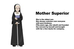 Rule 34 | 1girl, bible (object), cane, character profile, diva (hyxpk), english text, full body, glasses, habit, highres, little nuns (diva), mother superior (diva), nun, old, old woman, round eyewear, simple background, smile, solo, traditional nun, white background, wrinkled skin