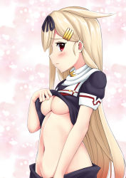 Rule 34 | 10s, 1girl, absurdres, black ribbon, black shirt, blonde hair, breasts, closed mouth, clothes lift, commentary request, embarrassed, frown, gradient hair, groin, hair flaps, hair ornament, hair ribbon, hairclip, highres, kantai collection, koyohi choro, lifting own clothes, long hair, looking at viewer, medium breasts, multicolored hair, navel, orange hair, pink background, profile, red eyes, ribbon, scarf, shirt, shirt lift, short sleeves, simple background, sleeve cuffs, solo, star (symbol), stomach, straight hair, tareme, underboob, very long hair, white scarf, yuudachi (kancolle), yuudachi kai ni (kancolle)
