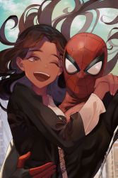 Rule 34 | 1boy, 1girl, animification, bodysuit, breasts, brown hair, commentary, dark-skinned female, dark skin, happy, highres, holding, holding person, long hair, looking at viewer, marvel, marvel cinematic universe, mask, michelle jones, one eye closed, parted bangs, peach luo, smile, spider-man, spider-man: far from home, spider-man (series), superhero costume, teeth, upper teeth only