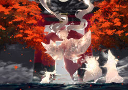 Rule 34 | 1girl, afloat, animal, autumn leaves, bad id, bad pixiv id, closed mouth, falling leaves, floating, fog, fox, hair between eyes, hatsune miku, hinata (hinata-ur), japanese clothes, kimono, leaf, long hair, long sleeves, looking at animal, maple leaf, moon, night, night sky, outdoors, sky, sleeves past wrists, smile, spirit, stairs, torii, twintails, very long hair, vocaloid, water, wide sleeves