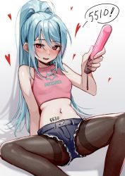 Rule 34 | 1girl, ahoge, arm support, bare arms, bare shoulders, belt, black shorts, blue hair, breasts, brown pantyhose, crop top, cutoffs, heart, highres, holding, illian-san, long hair, looking at viewer, micro shorts, midriff, navel, open mouth, original, pantyhose, pink shirt, ponytail, red eyes, shirt, short shorts, shorts, sidelocks, sitting, sleeveless, sleeveless shirt, small breasts, smile, solo, spread legs, stomach, stomach tattoo, tattoo, thighband pantyhose, thighs, very long hair