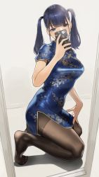 Rule 34 | 1girl, black pantyhose, blue eyes, blue hair, cellphone, china dress, chinese clothes, dress, full body, highres, kneeling, mirror, mole, mole under eye, original, pantyhose, phone, selfie, thighband pantyhose, toes, twintails, yomu (sgt epper)