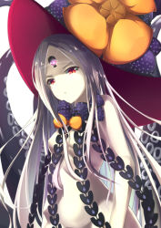 Rule 34 | 1girl, abigail williams (fate), abigail williams (third ascension) (fate), black bow, black hat, bow, breasts, commentary request, fate/grand order, fate (series), glowing, groin, hat, hat bow, highres, hyoketu001, long hair, looking at viewer, nipples, orange bow, pale skin, parted bangs, parted lips, polka dot, polka dot bow, red eyes, revealing clothes, simple background, small breasts, solo, suction cups, tentacles, topless, very long hair, white background, white hair, witch hat