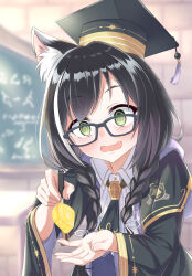 Rule 34 | @ @, alternate costume, alternate hairstyle, animal ears, black hair, blurry, blurry background, blush, braid, cat ears, commentary request, fang, feeding, food, glasses, green eyes, hat, highres, karyl (princess connect!), karyl (transfer student) (princess connect!), looking at viewer, open mouth, princess connect!, school uniform, tetorariumu, twin braids, uniform