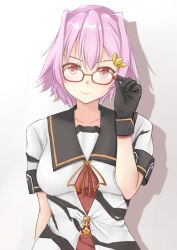 Rule 34 | 1girl, adjusting eyewear, bespectacled, black gloves, commentary request, glasses, gloves, hair intakes, hair ornament, hairclip, hand on eyewear, highres, kantai collection, koru pera, looking at viewer, pink hair, red eyes, sailor collar, shadow, short hair, short sleeves, simple background, smile, solo, tama (kancolle), tama kai ni (kancolle), upper body, white background