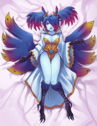 Rule 34 | 1girl, 4chan, bed sheet, belt, black hair, blue lips, blue skin, breasts, chaos (warhammer), claws, cleavage, clenched hand, cloak, colored skin, dakimakura (medium), feathers, female focus, from above, full body, games workshop, gradient background, gradient hair, greenmarine, grin, hair ornament, hair over one eye, harpy, head wings, highres, hood, hood down, ignitrix, khornette quest, knees together feet apart, large breasts, leotard, lipstick, long sleeves, looking at viewer, lying, makeup, monster girl, multicolored eyes, multicolored hair, multicolored wings, nose, on back, on bed, pigeon-toed, pink hair, red eyes, smile, solo, talons, thigh gap, twintails, warhammer, warhammer 40k, weapon, wide sleeves, wings