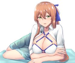 Rule 34 | 1girl, bikini, bikini top only, blush, breasts, brown hair, cleavage, collarbone, crossed arms, exren, girls&#039; frontline, green eyes, hair ornament, hair ribbon, jewelry, long hair, looking at viewer, medium breasts, o-ring, o-ring bikini, official alternate costume, open clothes, open mouth, open shirt, ribbon, ring, shirt, solo, springfield (girls&#039; frontline), springfield (stirring mermaid) (girls&#039; frontline), swimsuit, white background, white bikini, white shirt