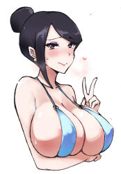 Rule 34 | 1girl, absurdres, black hair, bolobolo, breasts, cleavage, embarrassed, heart, heart-shaped pupils, highres, huge breasts, mole, mole under mouth, slingshot swimsuit, solo, swimsuit, symbol-shaped pupils, takizawa kyouko, v
