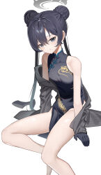 Rule 34 | absurdres, bare legs, bare shoulders, barefoot, black dress, black gloves, black hair, blue archive, china dress, chinese clothes, coat, cropped legs, double bun, dragon print, dress, gloves, grey coat, grey eyes, hair bun, halo, highres, kisaki (blue archive), light frown, long hair, looking at viewer, off shoulder, sidelocks, sitting, split mouth, sugar (dndi888), twintails, very long hair, white background