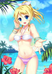Rule 34 | 10s, 1girl, ayase eli, bandeau, bikini, blonde hair, blue eyes, blush, bracelet, breasts, cameltoe, cleavage, dance of eternity, day, earrings, flower, hibiscus, highres, jewelry, looking at viewer, lots of jewelry, love live!, love live! school idol festival, love live! school idol project, navel, o-ring, o-ring bikini, o-ring top, ocean, open mouth, outstretched arm, ponytail, shiny skin, short hair, solo, stomach, striped bikini, striped clothes, swimsuit