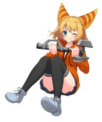 Rule 34 | 1girl, ;), black skirt, black thighhighs, blonde hair, braid, closed mouth, commission, convenient leg, copyright request, crown braid, drawstring, full body, grey footwear, highres, holding, hood, hood down, hooded jacket, jacket, long sleeves, looking at viewer, one eye closed, orange jacket, pleated skirt, sakura chiyo (konachi000), shirt, shoe soles, shoes, simple background, skirt, smile, solo, thighhighs, virtual youtuber, white background, white shirt