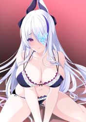 Rule 34 | 1girl, absurdres, azur lane, bare shoulders, blush, bra, breasts, butterfly over eye, cleavage, closed mouth, hair ornament, hair over one eye, highres, lace, lace-trimmed bra, lace-trimmed panties, lace trim, large breasts, lingerie, looking at viewer, multicolored hair, navel, origami aya, panties, purple bra, purple eyes, purple hair, purple panties, smile, solo, stomach, streaked hair, underwear, unzen (azur lane), white hair