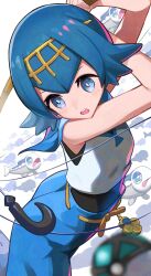 Rule 34 | 1girl, arms up, blue eyes, blue hair, blue pants, blue sailor collar, blurry, blurry foreground, bright pupils, commentary, creatures (company), fishing rod, game freak, gen 7 pokemon, gold hairband, hairband, highres, holding, holding fishing rod, lana (pokemon), net ball, nintendo, no sclera, open mouth, pants, poke ball, pokemon, pokemon (creature), pokemon sm, rainys bill, sailor collar, shirt, short hair, sleeveless, sleeveless shirt, solo, teeth, upper teeth only, white pupils, white shirt, wishiwashi, wishiwashi (solo)