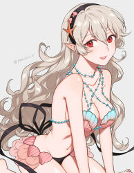 Rule 34 | 1girl, bikini, breasts, cleavage, commentary request, corrin (female) (fire emblem), corrin (fire emblem), fire emblem, fire emblem cipher, fire emblem fates, grey background, grey hair, hair between eyes, hairband, highres, long hair, looking at viewer, navel, nintendo, official alternate costume, peach11 01, pointy ears, red eyes, seiza, shell, shell bikini, simple background, sitting, smile, solo, starfish, starfish hair ornament, stomach, swimsuit, twitter username, very long hair, wavy hair