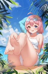 Rule 34 | 1girl, ahoge, arm up, bare legs, barefoot, beach, bikini, blue archive, blue eyes, blue jacket, blush, cameltoe, day, eyewear on head, fang, feet, foreshortening, frilled bikini, frills, hair bobbles, hair ornament, heterochromia, highres, hoshino (blue archive), hoshino (swimsuit) (blue archive), jacket, long hair, mao mao juzhang, off shoulder, open clothes, open jacket, open mouth, outdoors, pink hair, plant, skin fang, smile, soles, solo, sunglasses, swimsuit, toes, twintails, wet, white bikini, yellow eyes