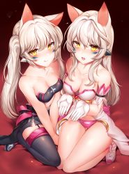 Rule 34 | 2girls, :q, aisha landar, bare legs, bare shoulders, bed sheet, black footwear, black legwear, black skirt, breasts, cat tail, character request, cleavage, closed mouth, collarbone, dark background, derivative work, detached sleeves, dress, elsword, eve (elsword), facial mark, garter straps, gem, gloves, gluteal fold, headgear, heart, highres, kneeling, long hair, looking at viewer, medium breasts, miniskirt, multiple girls, open hands, open mouth, palms, panties, pink panties, seductive smile, shoes, short sleeves, side ponytail, side slit, silver hair, sitting, skirt, smile, strapless, strapless dress, tail, thigh gap, thighhighs, tongue, tongue out, tube top, underwear, wariza, white dress, white footwear, white gloves, zerocat, zettai ryouiki