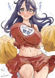 Rule 34 | 1girl, ahoge, alternate costume, black hair, breasts, brown eyes, cheering, cheerleader, clothes writing, commentary request, cowboy shot, crop top, crop top overhang, flying sweatdrops, highres, holding, holding pom poms, kantai collection, large breasts, long hair, midriff, miniskirt, mizuta kenji, one-hour drawing challenge, pleated skirt, pom pom (cheerleading), pom poms, red skirt, simple background, skirt, solo, twitter username, ushio (kancolle), white background