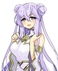 Rule 34 | 1girl, alternate hairstyle, bare shoulders, commentary request, double bun, dress, fire emblem, fire emblem: genealogy of the holy war, hair bun, looking at viewer, nintendo, open mouth, partial commentary, purple eyes, purple hair, solo, yukia (firstaid0)