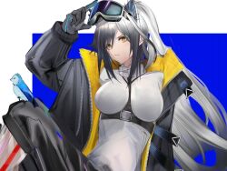 Rule 34 | 1girl, animal, animal ears, arknights, between breasts, bird, bird on leg, black jacket, black pants, blue theme, breast strap, breasts, eugle na, goggles, goggles on head, grey hair, grey sweater, hair between eyes, highres, holding, holding goggles, jacket, large breasts, looking at viewer, open clothes, open jacket, pants, ponytail, schwarz (arknights), sidelocks, ski goggles, solo, strap, sweater, turtleneck, turtleneck sweater, unfinished, yellow eyes