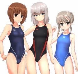 Rule 34 | 10s, 3girls, absurdres, arena (company), arms behind back, bad id, bad twitter id, black one-piece swimsuit, blue eyes, blue one-piece swimsuit, breasts, brown eyes, brown hair, competition swimsuit, contrapposto, cowboy shot, flat chest, girls und panzer, grey one-piece swimsuit, highres, inactive account, itsumi erika, light brown hair, logo, long hair, looking at viewer, multiple girls, nishizumi miho, one-piece swimsuit, parted lips, shimada arisu, short hair, silver hair, small breasts, standing, swimsuit, takafumi, thigh gap