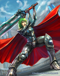 Rule 34 | 1boy, armor, armored boots, battle instinct revenger lifecher, boots, cape, cardfight!! vanguard, company name, gloves, green eyes, green hair, long hair, male focus, matsushima kazuo, neon trim, open mouth, sky, solo, sword, teeth, weapon