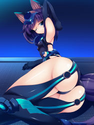 Rule 34 | 1girl, animal ears, ass, blue hair, breasts, curvy, elbow gloves, gloves, highres, huge ass, looking down, one eye closed, original, purple hair, short hair, small breasts, smile, solo, thick thighs, thighhighs, thighs, torisan, wide hips, wink
