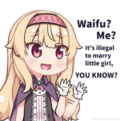 Rule 34 | 1girl, afterimage, artist request, blonde hair, cloak, commentary, english commentary, english text, gloves, hairband, highres, little witch nobeta, long hair, nobeta, official art, open mouth, pink hairband, purple cloak, purple eyes, second-party source, simple background, solo, upper body, waving, white background, white gloves
