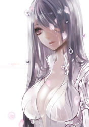 Rule 34 | 1girl, apt, armor, armored core, breasts, center opening, cleavage, hair over one eye, large breasts, lips, long hair, purple eyes, see-through, silver hair, simple background, solo, swept bangs, tears, upper body, ut (apt), water, water drop