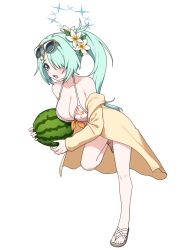 1girl aqua_eyes aqua_hair artpatient bikini blue_archive blue_halo breasts cleavage collarbone eyewear_on_head flower food fruit full_body hair_flower hair_ornament halo highres hiyori_(blue_archive) hiyori_(swimsuit)_(blue_archive) holding holding_food holding_fruit holding_watermelon large_breasts official_alternate_costume sandals side_ponytail simple_background solo standing standing_on_one_leg sunglasses swimsuit toes watermelon white_background white_bikini white_flower yellow-framed_eyewear