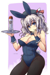 Rule 34 | 10s, 1girl, animal ears, beret, black pantyhose, blue eyes, bottle, breasts, detached collar, fake animal ears, fishnet pantyhose, fishnets, hat, highres, kantai collection, kashima (kancolle), large breasts, leotard, looking at viewer, pantyhose, playboy bunny, rabbit ears, shinshin, silver hair, solo, tail, tray, tsurime, twintails, twitter username, wavy hair, wrist cuffs