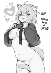 Rule 34 | 1girl, absurdres, ahoge, animal ear fluff, animal ears, areola slip, breasts, cat ears, cat girl, cat tail, clothes lift, cowboy shot, english text, fang, greyscale, hair between eyes, heart, heart-shaped pupils, highres, hololive, hood, hoodie, hoodie lift, large breasts, long sleeves, monochrome, navel, nekomata okayu, nekomata okayu (1st costume), open mouth, penguru 086, simple background, solo, stomach, symbol-shaped pupils, tail, virtual youtuber, white background