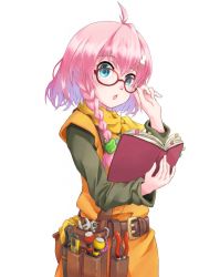Rule 34 | 1girl, ahoge, belt, blue eyes, braid, chrono trigger, cosplay, glasses, hair ornament, hairclip, kanimusiv v, looking at viewer, lucca ashtear, open mouth, pink hair, scarf, short hair, simple background, single braid, solo, virtual youtuber, white background, wrench