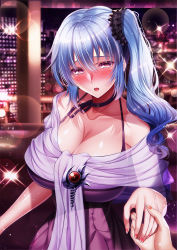 Rule 34 | 1girl, blue hair, blush, breasts, brooch, city lights, claire rieveldt, cleavage, collarbone, commentary request, commission, dress, eiyuu densetsu, falcom, hair between eyes, highres, holding hands, indoors, jewelry, large breasts, lens flare, long hair, looking at viewer, nail polish, neck ribbon, open mouth, pixiv commission, purple dress, purple eyes, ribbon, see-through, see-through shawl, sen no kiseki, shawl, side ponytail, sleeveless, sleeveless dress, upper body, yuuzuki hijiri