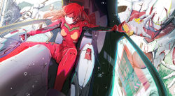 Rule 34 | 1girl, absurdres, blood, blue eyes, bodysuit, breasts, day, foreshortening, hair ornament, hand on another&#039;s head, highres, holographic interface, interface headset, light brown hair, mass production eva, mecha, mountainous horizon, neon genesis evangelion, outdoors, plugsuit, red hair, robot, scowl, shinji85, sitting, small breasts, souryuu asuka langley, spread legs, swept bangs, v-shaped eyebrows