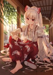 Rule 34 | 1girl, arm belt, barefoot, bow, cigarette, closed mouth, collared shirt, commentary request, footwear bow, fujiwara no mokou, full body, grey shirt, hair bow, hand on ground, highres, holding, holding cigarette, ichita (yixisama-shihaohaizhi), indian style, long hair, long sleeves, looking at viewer, ofuda, ofuda on clothes, outdoors, pants, ponytail, porch, red eyes, red footwear, red pants, shirt, shoes, unworn shoes, sitting, smoke, solo, suspenders, touhou, very long hair, white bow, white hair