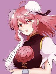 Rule 34 | 1girl, absurdres, arm under breasts, bandaged arm, bandages, bun cover, commentary request, cuffs, double bun, elaphe guttata6, flower, hair bun, hand on own cheek, hand on own face, highres, ibaraki kasen, light blush, looking at viewer, medium hair, open mouth, pink background, pink eyes, pink flower, pink hair, pink rose, rose, shackles, short sleeves, solo, sweatdrop, tabard, touhou