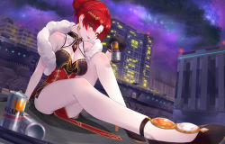 Rule 34 | 1girl, alcohol, alternate costume, bare legs, bare shoulders, beer, black gloves, blush, breasts, can, china dress, chinese clothes, cityscape, cleavage, cleavage cutout, closed mouth, clothing cutout, dress, earrings, feather boa, gloves, gold, hair bun, high heels, holding, holding can, honkai (series), honkai impact 3rd, jewelry, kfr, knee up, large breasts, long hair, looking at viewer, mole, mole on breast, murata himeko, murata himeko (vermillion knight), night, parted bangs, red dress, red hair, sidelocks, single hair bun, sitting, sky, smile, solo, star (sky), starry sky, thighs, yellow eyes